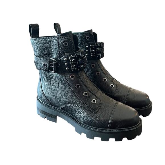 Karl Lagerfeld Maeva Leather Moto Ankle Boots Embellished Straps NEW Size 6 - Picture 1 of 9